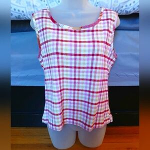 Lemon Grass Vintage Plaid Scoop Neck Sleeveless Shell Top | Berry | NWOT